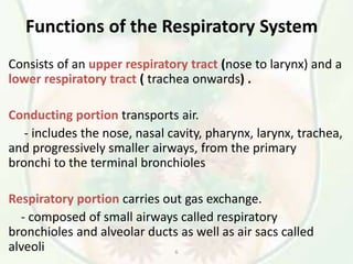 6
Functions of the Respiratory System
Consists of an upper respiratory tract (nose to larynx) and a
lower respiratory tract ( trachea onwards) .
Conducting portion transports air.
- includes the nose, nasal cavity, pharynx, larynx, trachea,
and progressively smaller airways, from the primary
bronchi to the terminal bronchioles
Respiratory portion carries out gas exchange.
- composed of small airways called respiratory
bronchioles and alveolar ducts as well as air sacs called
alveoli
 