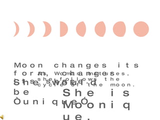 Moon changes its form, changes its shape. As Woman matures, she follows the cycle of the moon. She would be “unique”. She is Moonique. 