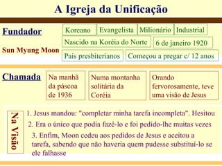 Fundador
Sun Myung Moon
Koreano Evangelista Milionário Industrial
Nascido na Koréia do Norte 6 de janeiro 1920
Pais presbiterianos Começou a pregar c/ 12 anos
Chamada Na manhã
da páscoa
de 1936
Numa montanha
solitária da
Coréia
Orando
fervorosamente, teve
uma visão de Jesus
1. Jesus mandou: "completar minha tarefa incompleta". Hesitou
NaVisão
2. Era o único que podia fazê-lo e foi pedido-lhe muitas vezes
3. Enfim, Moon cedeu aos pedidos de Jesus e aceitou a
tarefa, sabendo que não haveria quem pudesse substituí-lo se
ele falhasse
A Igreja da Unificação
 