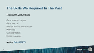 The six 20th Century Skills
Get a university degree
Get a safe job
Be loyal & move up the ladder
Work hard
Own information
Extract resources
Motive: Gain SAFETY
The Skills We Required In The Past
MOONLANDER15
 