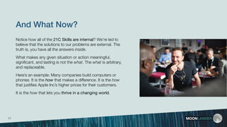 And What Now?
MOONLANDER
Notice how all of the 21C Skills are internal? We’re led to
believe that the solutions to our problems are external. The
truth is, you have all the answers inside.
What makes any given situation or action meaningful,
signiﬁcant, and lasting is not the what. The what is arbitrary,
and replaceable.
Here’s an example: Many companies build computers or
phones. It is the how that makes a difference. It is the how
that justiﬁes Apple Inc’s higher prices for their customers.
It is the how that lets you thrive in a changing world.
17
 