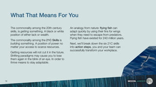What That Means For You
An analogy from nature: ﬂying ﬁsh can
adapt quickly by using their ﬁns for wings
when they need to escape from predators.
Flying ﬁsh have existed for 240 million years.
Next, we’ll break down the six 21C skills
into action steps, you and your team can
successfully transform your workplace.
MOONLANDER
The commonality among the 20th century
skills, is getting something. A black or white
position of either lack or wealth.
The commonality among the 21C Skills is
building something. A position of power no
matter your access to scarce resources.
Getting resources will not cut it in the future.
Shifting paradigms may cause you to lose
them again in the blink of an eye. In order to
thrive means to stay adaptable.
19
 