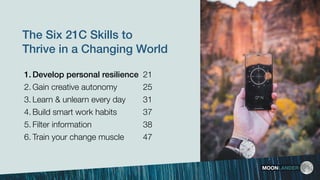 The Six 21C Skills to
Thrive in a Changing World
1. Develop personal resilience
2. Gain creative autonomy
3. Learn & unlearn every day
4. Build smart work habits 
5. Filter information
6. Train your change muscle
21
25
31
37
38
47
MOONLANDER
 