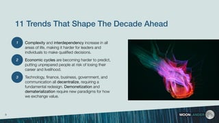3
2
1
11 Trends That Shape The Decade Ahead
MOONLANDER4
Complexity and interdependency increase in all
areas of life, making it harder for leaders and
individuals to make qualiﬁed decisions.
Economic cycles are becoming harder to predict,
putting unprepared people at risk of losing their
career and livelihood.
Technology, ﬁnance, business, government, and
communication all decentralize, requiring a
fundamental redesign. Demonetization and
dematerialization require new paradigms for how
we exchange value.
 
