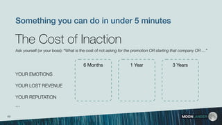 MOONLANDER
The Cost of Inaction
6 Months 1 Year 3 Years
YOUR EMOTIONS
YOUR LOST REVENUE
YOUR REPUTATION
…
Ask yourself (or your boss): “What is the cost of not asking for the promotion OR starting that company OR …”
Something you can do in under 5 minutes
49
 