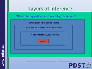www.pdst . ie 
What other questions are posed by this source? 
What doesn’t this source tell me? 
What can be inferred from the source? 
What does the source tell me? 
Autumn 2007, The United States and the world, 1945-1989, www.pdst.ie 
12 
Layers of inference 
source 
 