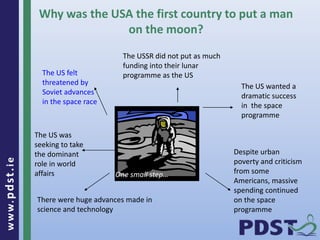 www.pdst . ie 
20 
Why was the USA the first country to put a man 
on the moon? 
The US felt 
threatened by 
Soviet advances 
in the space race 
Despite urban 
poverty and criticism 
from some 
Americans, massive 
spending continued 
on the space 
programme 
The US was 
seeking to take 
the dominant 
role in world 
affairs 
There were huge advances made in 
science and technology 
The US wanted a 
dramatic success 
in the space 
programme 
The USSR did not put as much 
funding into their lunar 
programme as the US 
One small step… 
 