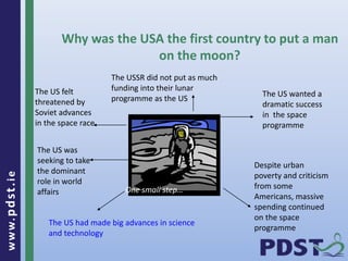 www.pdst . ie 
Why was the USA the first country to put a man 
23 
on the moon? 
The US felt 
threatened by 
Soviet advances 
in the space race 
Despite urban 
poverty and criticism 
from some 
Americans, massive 
spending continued 
on the space 
programme 
The US was 
seeking to take 
the dominant 
role in world 
affairs 
The US had made big advances in science 
and technology 
The US wanted a 
dramatic success 
in the space 
programme 
The USSR did not put as much 
funding into their lunar 
programme as the US 
One small step… 
 