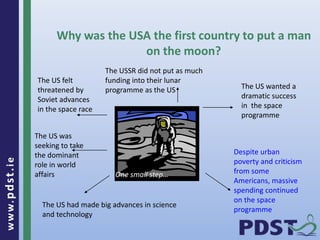 www.pdst . ie 
Why was the USA the first country to put a man 
24 
on the moon? 
The US felt 
threatened by 
Soviet advances 
in the space race 
Despite urban 
poverty and criticism 
from some 
Americans, massive 
spending continued 
on the space 
programme 
The US was 
seeking to take 
the dominant 
role in world 
affairs 
The US had made big advances in science 
and technology 
The US wanted a 
dramatic success 
in the space 
programme 
The USSR did not put as much 
funding into their lunar 
programme as the US 
One small step… 
 
