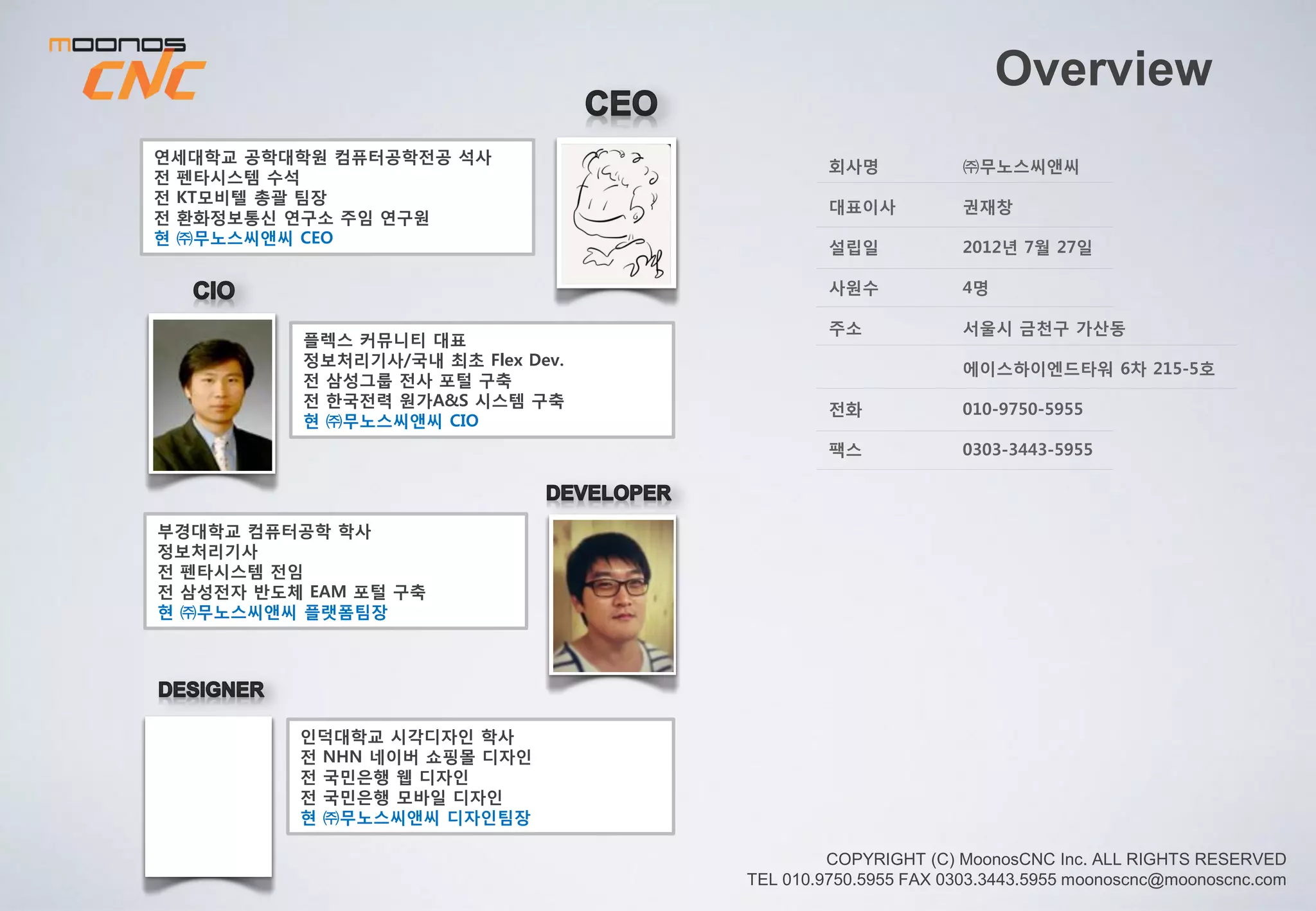 현 ㈜무노스씨앤씨 DEV 1팀 팀장
순천향대학교 전산전공
DEV Team 개발 팀장
앱 기획 개발
앱 게임 기획 개발
LG 이노텍, 각보험사 포털 구축
전 펜타시스템테크놀러지 책임 역임
현 ㈜무노스씨앤씨 CTO (R&D 수석연구원)
순천향대학교 전산전공
전 엔트리브소프트 트릭스터 게임 총괄 PD
전 동원이스텔 기간망 SW 연구주임
전 한컴씽크프리 플렛폼 / 라이브러리팀 팀장
전 엔트리브소프트 MMORPG 총괄 팀장
현 ㈜무노스씨앤씨 DEV 2팀 팀장 (R&D 책임
연구원)
부경대학교 컴퓨터공학 전공
정보처리기사
전 펜타시스템 전임
LG 이노텍, 삼성전자 반도체 EAM 포털 구축
부킹?매칭!부매랑 GOLF 개발
현 ㈜무노스씨앤씨 Creative Lab 팀장
Ecole des beaux-arts de Metz (France)
시각커뮤니케이션 디자인 자격
전 포레크레아 실장
㈜ 하람커뮤니케이션 디자인팀
㈜ 대원사 편집부
홍익대학교 미술대학 예술학과
팀원 소개
 