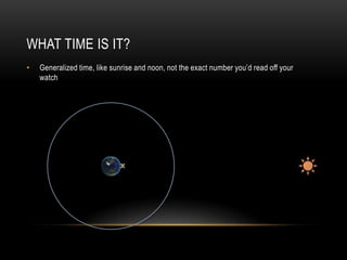 WHAT TIME IS IT?
•

Generalized time, like sunrise and noon, not the exact number you’d read off your
watch

 
