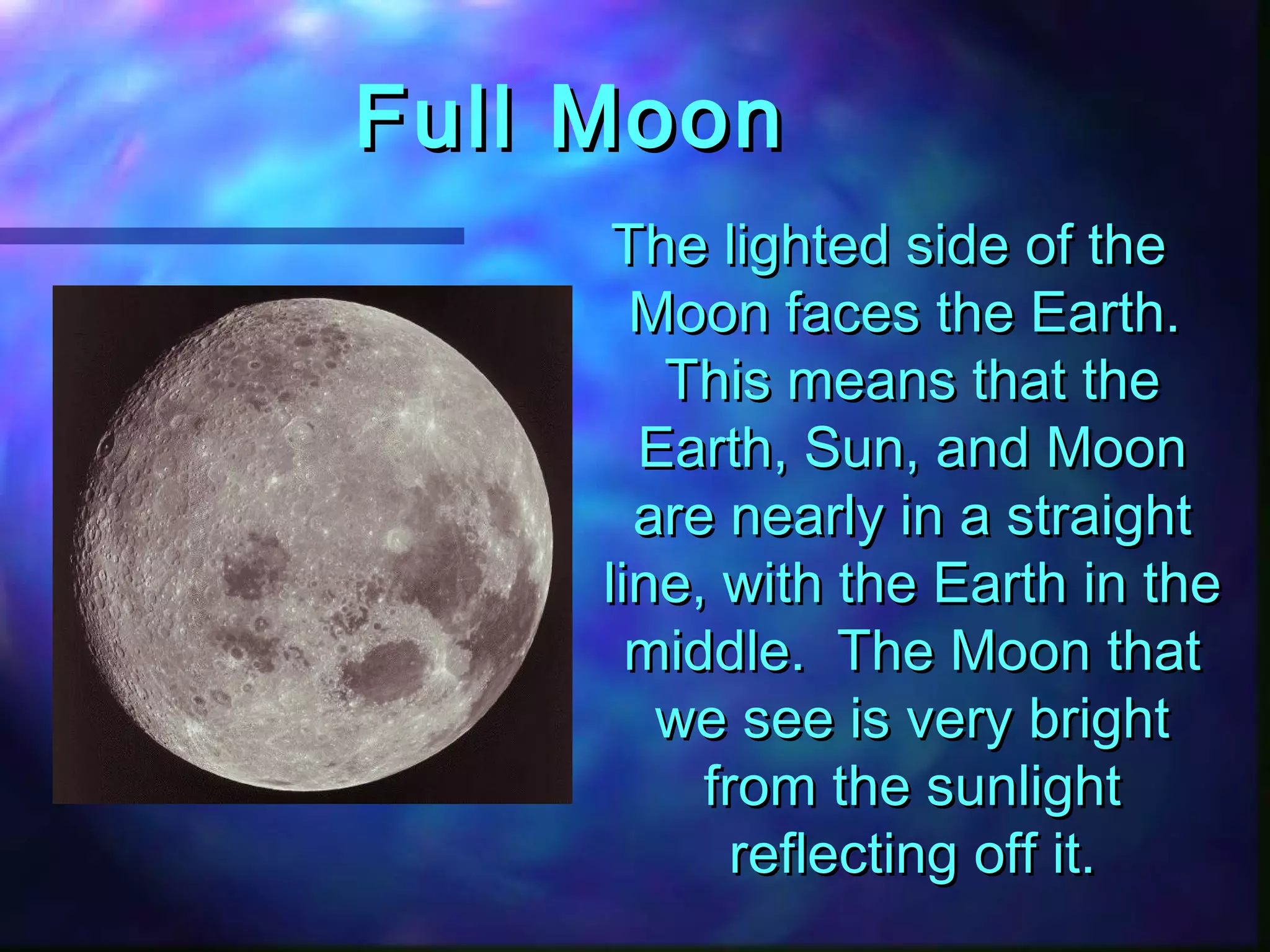 FFuullll MMoooonn 
TThhee lliigghhtteedd ssiiddee ooff tthhee 
MMoooonn ffaacceess tthhee EEaarrtthh.. 
TThhiiss mmeeaannss tthhaatt tthhee 
EEaarrtthh,, SSuunn,, aanndd MMoooonn 
aarree nneeaarrllyy iinn aa ssttrraaiigghhtt 
lliinnee,, wwiitthh tthhee EEaarrtthh iinn tthhee 
mmiiddddllee.. TThhee MMoooonn tthhaatt 
wwee sseeee iiss vveerryy bbrriigghhtt 
ffrroomm tthhee ssuunnlliigghhtt 
rreefflleeccttiinngg ooffff iitt.. 
 