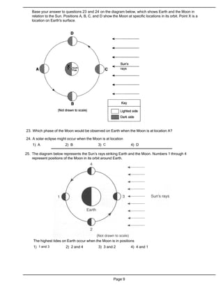 Base your answer to questions 23 and 24 on the diagram below, which shows Earth and the Moon in
    relation to the Sun. Positions A, B, C, and D show the Moon at specific locations in its orbit. Point X is a
    location on Earth's surface.




23. Which phase of the Moon would be observed on Earth when the Moon is at location A?

24. A solar eclipse might occur when the Moon is at location
    1) A                 2) B                  3) C                 4) D

25. The diagram below represents the Sun’s rays striking Earth and the Moon. Numbers 1 through 4
    represent positions of the Moon in its orbit around Earth.




    The highest tides on Earth occur when the Moon is in positions
    1) 1 and 3            2) 2 and 4           3) 3 and 2           4) 4 and 1




                                                         Page 9
 