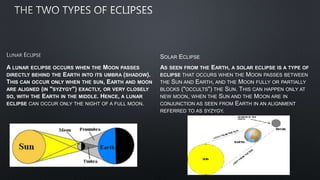 A LUNAR ECLIPSE OCCURS WHEN THE MOON PASSES
DIRECTLY BEHIND THE EARTH INTO ITS UMBRA (SHADOW).
THIS CAN OCCUR ONLY WHEN THE SUN, EARTH AND MOON
ARE ALIGNED (IN "SYZYGY") EXACTLY, OR VERY CLOSELY
SO, WITH THE EARTH IN THE MIDDLE. HENCE, A LUNAR
ECLIPSE CAN OCCUR ONLY THE NIGHT OF A FULL MOON.
SOLAR ECLIPSE
AS SEEN FROM THE EARTH, A SOLAR ECLIPSE IS A TYPE OF
ECLIPSE THAT OCCURS WHEN THE MOON PASSES BETWEEN
THE SUN AND EARTH, AND THE MOON FULLY OR PARTIALLY
BLOCKS ("OCCULTS") THE SUN. THIS CAN HAPPEN ONLY AT
NEW MOON, WHEN THE SUN AND THE MOON ARE IN
CONJUNCTION AS SEEN FROM EARTH IN AN ALIGNMENT
REFERRED TO AS SYZYGY.
 