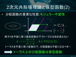 2次元共形場理論と保型函数(2)
• 分配函数の重要な性質:モジュラー不変性
格子Λを不変に保つ基底変換の下でトーラスは形を変えない
……
トーラス上の分配函数は保型函数.
トーラスを不変に保つ変換の下、分配函数も不変になるべき！
 