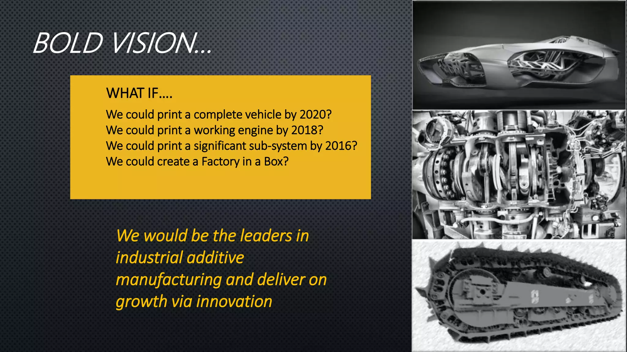 BOLD VISION…
WHAT IF….
We would be the leaders in
industrial additive
manufacturing and deliver on
growth via innovation
We could print a complete vehicle by 2020?
We could print a working engine by 2018?
We could print a significant sub-system by 2016?
We could create a Factory in a Box?
 