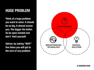 HUGE PROBLEM
Think of a huge problem
you want to solve. It should
be so big, it almost scares
you. The bigger the better.
So be open minded and
don’t limit yourself.
Advice: by asking “WHY”
five times you will get to
the core of any problem.
© NORMAN HIOB
HUGE PROBLEM
RADICAL
SOLUTION
BREAKTHROUGH
TECHNOLOGY
 