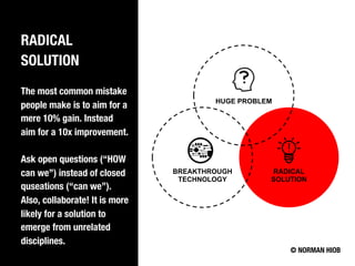 RADICAL
SOLUTION
The most common mistake
people make is to aim for a
mere 10% gain. Instead
aim for a 10x improvement.
Ask open questions (“HOW
can we”) instead of closed
quseations (“can we”).
Also, collaborate! It is more
likely for a solution to
emerge from unrelated
disciplines.
© NORMAN HIOB
RADICAL
SOLUTION
BREAKTHROUGH
TECHNOLOGY
HUGE PROBLEM
 