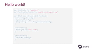 import Visualization from 'zeppelin-vis'
import PassthroughTransformation from 'zeppelin-tabledata/passthrough'
export default class helloworld extends Visualization {
constructor(targetEl, config) {
super(targetEl, config)
this.passthrough = new PassthroughTransformation(config);
}
render(tableData) {
this.targetEl.html('Hello world!')
}
getTransformation() {
return this.passthrough
}
}
Hello world!
 