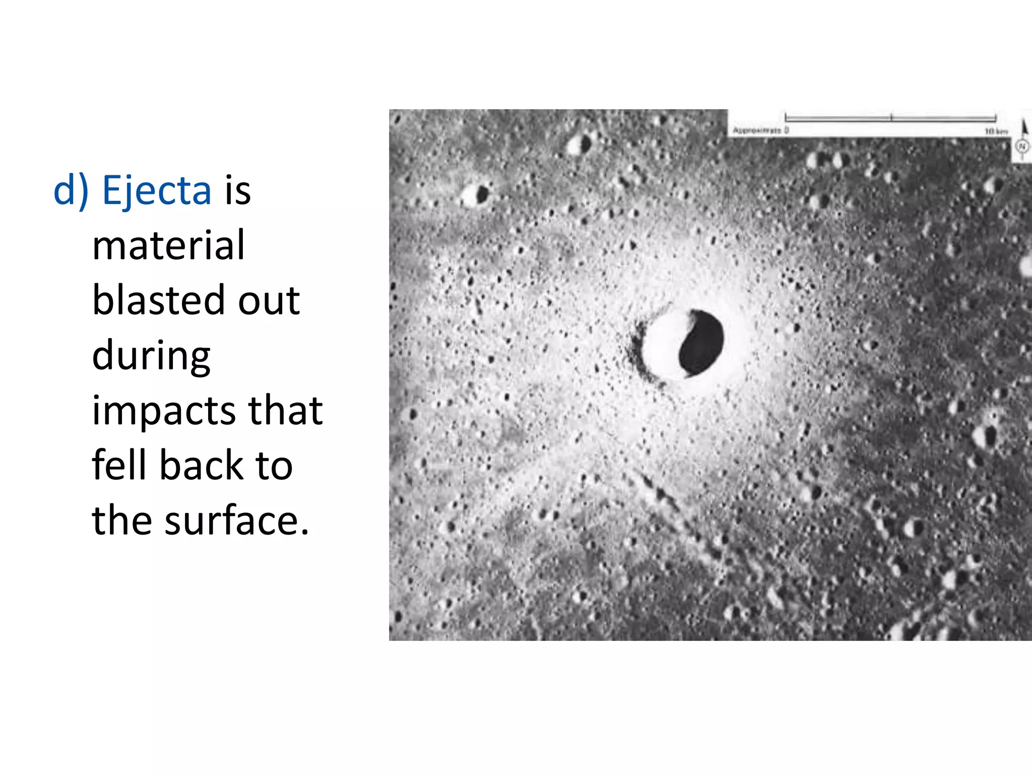 d) Ejecta is
material
blasted out
during
impacts that
fell back to
the surface.

 