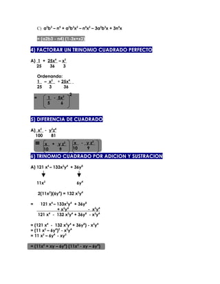C) a2b3 – n4 + a2b3x2 – n4x2 – 3a2b3x + 3n4x

        = (a2b3 - n4) (1-3x+x2)

4) FACTORAR UN TRINOMIO CUADRADO PERFECTO

A) 1 + 25x4 – x2
   25   36    3

        Ordenando:
        1 – x2 + 25x4
        25   3     36
                        2
    =        1 - 5x2
             5    6


5) DIFERENCIA DE CUADRADO

A) x2 - y2z4
  100    81

    =      x + y z2         x - y z2
                            10  9
           10  9
6) TRINOMIO CUADRADO POR ADICION Y SUSTRACION

A) 121 x4 – 133x2y4 + 36y8


    11x2                     6y4

        2(11x2)(6y4) = 132 x2y4

=        121 x4 – 133x2y4 + 36y8
                  + x2y4         - x2y4
        121 x4 - 132 x2y4 + 36y8 - x2y4

= (121 x4 - 132 x2y4 + 36y8) - x2y4
= (11 x2 – 6y4)2 - x2y4
= 11 x2 – 6y4 - xy2

= (11x2 + xy – 6y4) (11x2 - xy – 6y4)
 