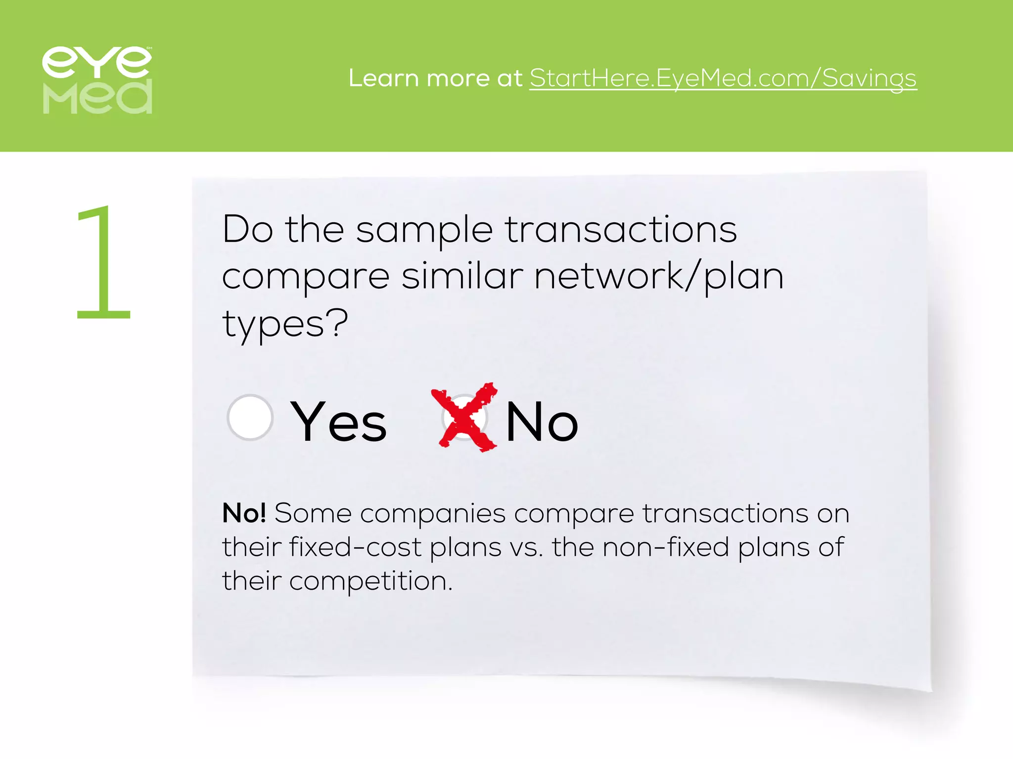 Do the sample transactions
compare similar network/plan
types?
Yes
1
No
No! Some companies compare transactions on
their fixed-cost plans vs. the non-fixed plans of
their competition.
Learn more at StartHere.EyeMed.com/Savings
 