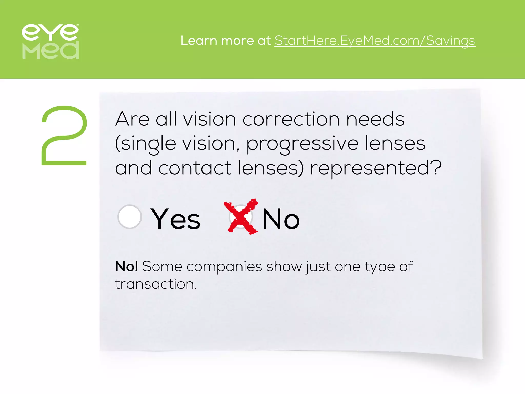 Are all vision correction needs
(single vision, progressive lenses
and contact lenses) represented?
Yes
2
No
No! Some companies show just one type of
transaction.
Learn more at StartHere.EyeMed.com/Savings
 