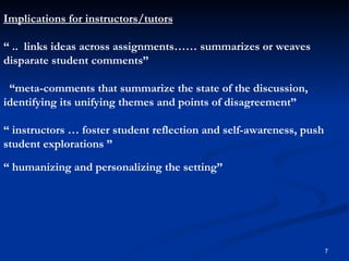 Implications for instructors/tutors “  ..  links ideas across assignments…… summarizes or weaves disparate student comment...