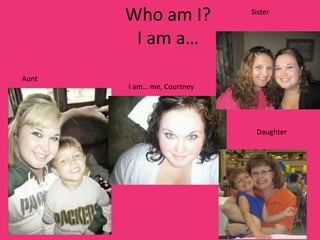 Who am I?            Sister


        I am a…
Aunt
       I am… me, Courtney




                             Daughter
 