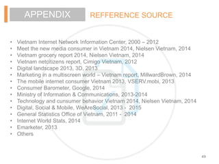 49
REFFERENCE SOURCEAPPENDIX
• Vietnam Internet Network Information Center, 2000 – 2012
• Meet the new media consumer in V...
