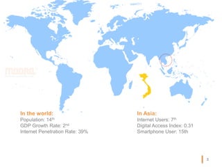 In Asia:
Internet Users: 7th
Digital Access Index: 0.31
Smartphone User: 15th
In the world:
Population: 14th
GDP Growth Rate: 2nd
Internet Penetration Rate: 39%
3
 