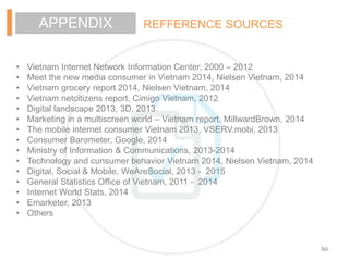 REFFERENCE SOURCESAPPENDIX
• Vietnam Internet Network Information Center, 2000 – 2012
• Meet the new media consumer in Vietnam 2014, Nielsen Vietnam, 2014
• Vietnam grocery report 2014, Nielsen Vietnam, 2014
• Vietnam netcitizens report, Cimigo Vietnam, 2012
• Digital landscape 2013, 3D, 2013
• Marketing in a multiscreen world – Vietnam report, MillwardBrown, 2014
• The mobile internet consumer Vietnam 2013, VSERV.mobi, 2013
• Consumer Barometer, Google, 2014
• Ministry of Information & Communications, 2013-2014
• Technology and cunsumer behavior Vietnam 2014, Nielsen Vietnam, 2014
• Digital, Social & Mobile, WeAreSocial, 2013 - 2015
• General Statistics Office of Vietnam, 2011 - 2014
• Internet World Stats, 2014
• Emarketer, 2013
• Others
50
 