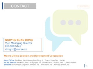 CONTACT
NGUYEN XUAN DONG
Vice Managing Director
098 999 5145
dongnx@moore.vn
Moore Online Solution and Development Corporation
Head Office: 7th Floor, No.1 Hoang Dao Thuy St., Thanh Xuan Dist., Ha Noi
HCMC Branch: 6th Floor, No. 454 Nguyen Thi Minh Khai St., Ward 5, Dist. 3, Ho Chi Minh
Website: www.moore.vn | www.adbrand.net | www.adlite.net | www.doublelink.net |
51
 