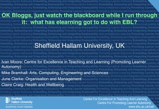 OK Bloggs, just watch the blackboard while I run through
      it: what has elearning got to do with EBL?



                 Shefﬁeld Hallam University, UK

Ivan Moore: Centre for Excellence in Teaching and Learning (Promoting Learner
Autonomy)
Mike Bramhall: Arts, Computing, Engineering and Sciences
June Clarke: Organisation and Management
Claire Craig: Health and Wellbeing