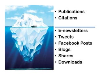 • Publications
• Citations
•
•
•
•
•
•

E-newsletters
Tweets
Facebook Posts
Blogs
Shares
Downloads

 