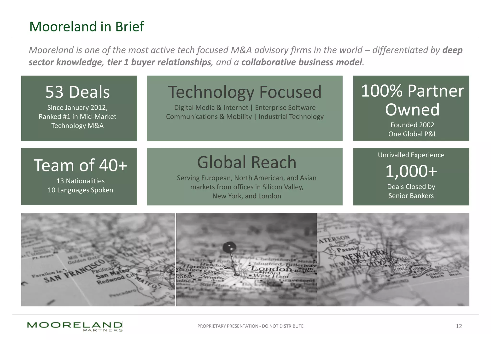 PROPRIETARY PRESENTATION - DO NOT DISTRIBUTE
Mooreland in Brief
Technology Focused
Digital Media & Internet | Enterprise Software
Communications & Mobility | Industrial Technology
100% Partner
Owned
Founded 2002
One Global P&L
Global Reach
Serving European, North American, and Asian
markets from offices in Silicon Valley,
New York, and London
Team of 40+
13 Nationalities
10 Languages Spoken
53 Deals
Since January 2012,
Ranked #1 in Mid-Market
Technology M&A
Unrivalled Experience
1,000+
Deals Closed by
Senior Bankers
12
Mooreland is one of the most active tech focused M&A advisory firms in the world – differentiated by deep
sector knowledge, tier 1 buyer relationships, and a collaborative business model.
 