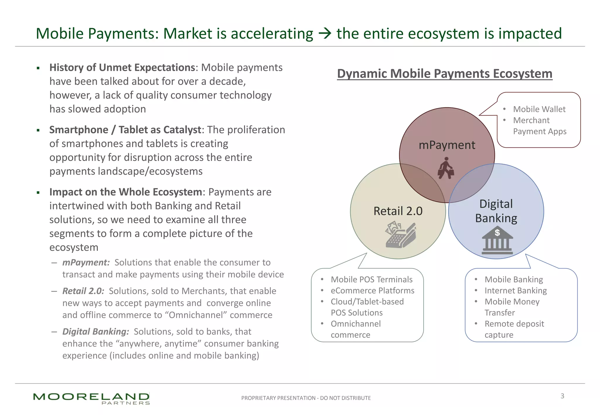 PROPRIETARY PRESENTATION - DO NOT DISTRIBUTE
 History of Unmet Expectations: Mobile payments
have been talked about for over a decade,
however, a lack of quality consumer technology
has slowed adoption
 Smartphone / Tablet as Catalyst: The proliferation
of smartphones and tablets is creating
opportunity for disruption across the entire
payments landscape/ecosystems
 Impact on the Whole Ecosystem: Payments are
intertwined with both Banking and Retail
solutions, so we need to examine all three
segments to form a complete picture of the
ecosystem
– mPayment: Solutions that enable the consumer to
transact and make payments using their mobile device
– Retail 2.0: Solutions, sold to Merchants, that enable
new ways to accept payments and converge online
and offline commerce to “Omnichannel” commerce
– Digital Banking: Solutions, sold to banks, that
enhance the “anywhere, anytime” consumer banking
experience (includes online and mobile banking)
Mobile Payments: Market is accelerating  the entire ecosystem is impacted
3
Retail 2.0
mPayment
Digital
Banking
• Mobile Wallet
• Merchant
Payment Apps
• Mobile Banking
• Internet Banking
• Mobile Money
Transfer
• Remote deposit
capture
• Mobile POS Terminals
• eCommerce Platforms
• Cloud/Tablet-based
POS Solutions
• Omnichannel
commerce
Dynamic Mobile Payments Ecosystem
 