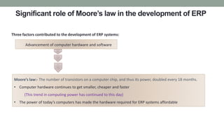 Significant role of Moore’s law in the development of ERP
Three factors contributed to the development of ERP systems:
Moore’s law:- The number of transistors on a computer chip, and thus its power, doubled every 18 months.
• Computer hardware continues to get smaller, cheaper and faster
(This trend in computing power has continued to this day)
• The power of today’s computers has made the hardware required for ERP systems affordable
Advancement of computer hardware and software
 