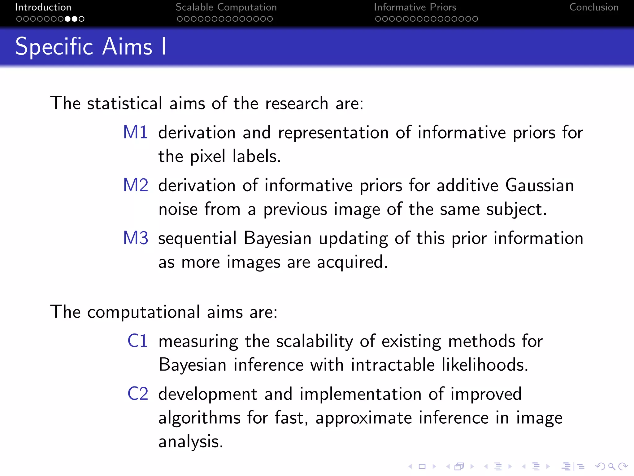 Introduction Scalable Computation Informative Priors Conclusion
Speciﬁc Aims I
The statistical aims of the research are:
M1 derivation and representation of informative priors for
the pixel labels.
M2 derivation of informative priors for additive Gaussian
noise from a previous image of the same subject.
M3 sequential Bayesian updating of this prior information
as more images are acquired.
The computational aims are:
C1 measuring the scalability of existing methods for
Bayesian inference with intractable likelihoods.
C2 development and implementation of improved
algorithms for fast, approximate inference in image
analysis.
 