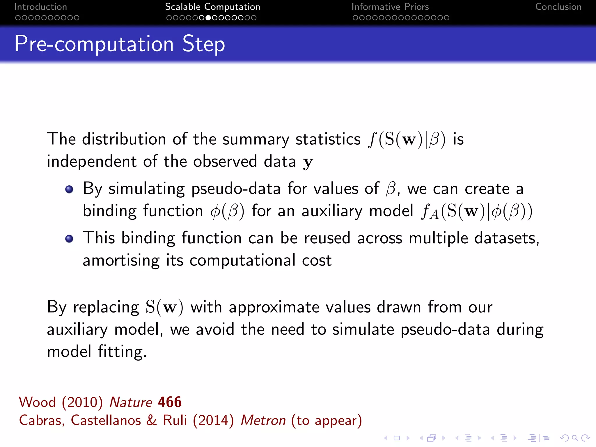 Introduction Scalable Computation Informative Priors Conclusion
Pre-computation Step
The distribution of the summary statistics f(S(w)|β) is
independent of the observed data y
By simulating pseudo-data for values of β, we can create a
binding function φ(β) for an auxiliary model fA(S(w)|φ(β))
This binding function can be reused across multiple datasets,
amortising its computational cost
By replacing S(w) with approximate values drawn from our
auxiliary model, we avoid the need to simulate pseudo-data during
model ﬁtting.
Wood (2010) Nature 466
Cabras, Castellanos & Ruli (2014) Metron (to appear)
 