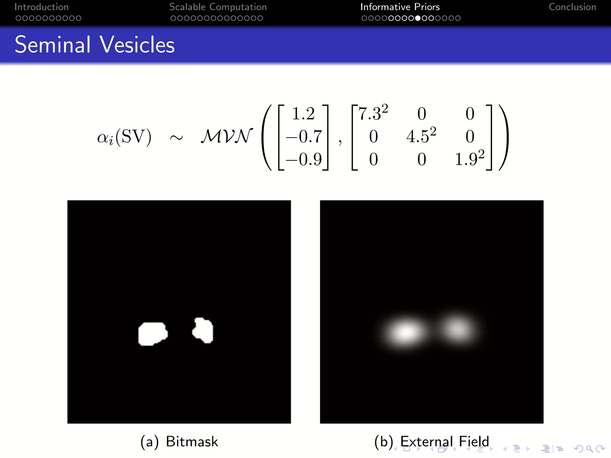 Introduction Scalable Computation Informative Priors Conclusion
Seminal Vesicles
αi(SV) ∼ MVN




1.2
−0.7
−0.9

 ,


7.32 0 0
0 4.52 0
0 0 1.92




(a) Bitmask (b) External Field
 