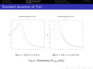 Introduction Scalable Computation Informative Priors Conclusion
Standard deviation of S(z)
exact standard deviation of S(z) for n=12 and k=
β
σ(S(z))
0.0
0.5
1.0
1.5
2.0
2.5
3.0
1 2 3 4
2
3
4
(a) n = 12 & k ∈ 2, 3, 4
exact standard deviation of S(z) for k=3 and n=
β
σ(S(z))
0.0
0.5
1.0
1.5
2.0
2.5
1 2 3 4
4
6
9
12
(b) k = 3 & n ∈ 4, 6, 9, 12
Figure: Distribution of σz|β[S(z)]
 