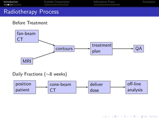 Introduction Scalable Computation Informative Priors Conclusion
Radiotherapy Process
Before Treatment
fan-beam
CT
MRI
contours
treatment
plan
QA
Daily Fractions (∼8 weeks)
position
patient
cone-beam
CT
deliver
dose
oﬀ-line
analysis
 