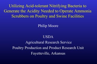 Utilizing Acid-tolerant Nitrifying Bacteria to
Generate the Acidity Needed to Operate Ammonia
Scrubbers on Poultry and Swine Facilities
Philip Moore
USDA
Agricultural Research Service
Poultry Production and Product Research Unit
Fayetteville, Arkansas
 