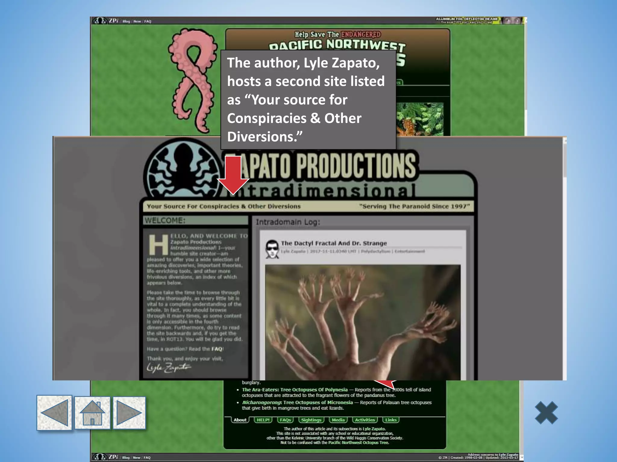 The author, Lyle Zapato,
hosts a second site listed
as “Your source for
Conspiracies & Other
Diversions.”
 