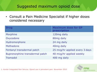 Suggested maximum opioid dose
• Consult a Pain Medicine Specialist if higher doses
considered necessary
1. Hunter Integrated Pain Service. Opioid use in persistent pain. November 2010
Drug Maximum dose for GP
prescription
Morphine 120mg daily
Oxycodone 80mg daily
Hydromorphone 24 mg daily
Methadone 40mg daily
Fentanyl transdermal patch 25 mcg/hr applied every 3 days
Buprenorphine transdermal patch 40 mcg/hr applied weekly
Tramadol 400 mg daily
 