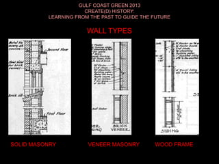 GULF COAST GREEN 2013
CREATE(D) HISTORY:
LEARNING FROM THE PAST TO GUIDE THE FUTURE
WALL TYPES
SOLID MASONRY VENEER MASONRY WOOD FRAME
 