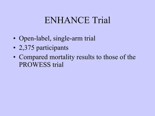 ENHANCE Trial Open-label, single-arm trial 2,375 participants Compared mortality results to those of the PROWESS trial 