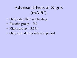 Adverse Effects of Xigris (rhAPC)‏ Only side effect is bleeding Placebo group – 2% Xigris group – 3.5% Only seen during infusion period 