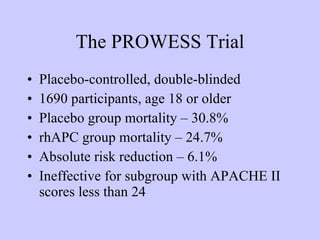 The PROWESS Trial Placebo-controlled, double-blinded 1690 participants, age 18 or older Placebo group mortality – 30.8% rhAPC group mortality – 24.7% Absolute risk reduction – 6.1% Ineffective for subgroup with APACHE II scores less than 24 